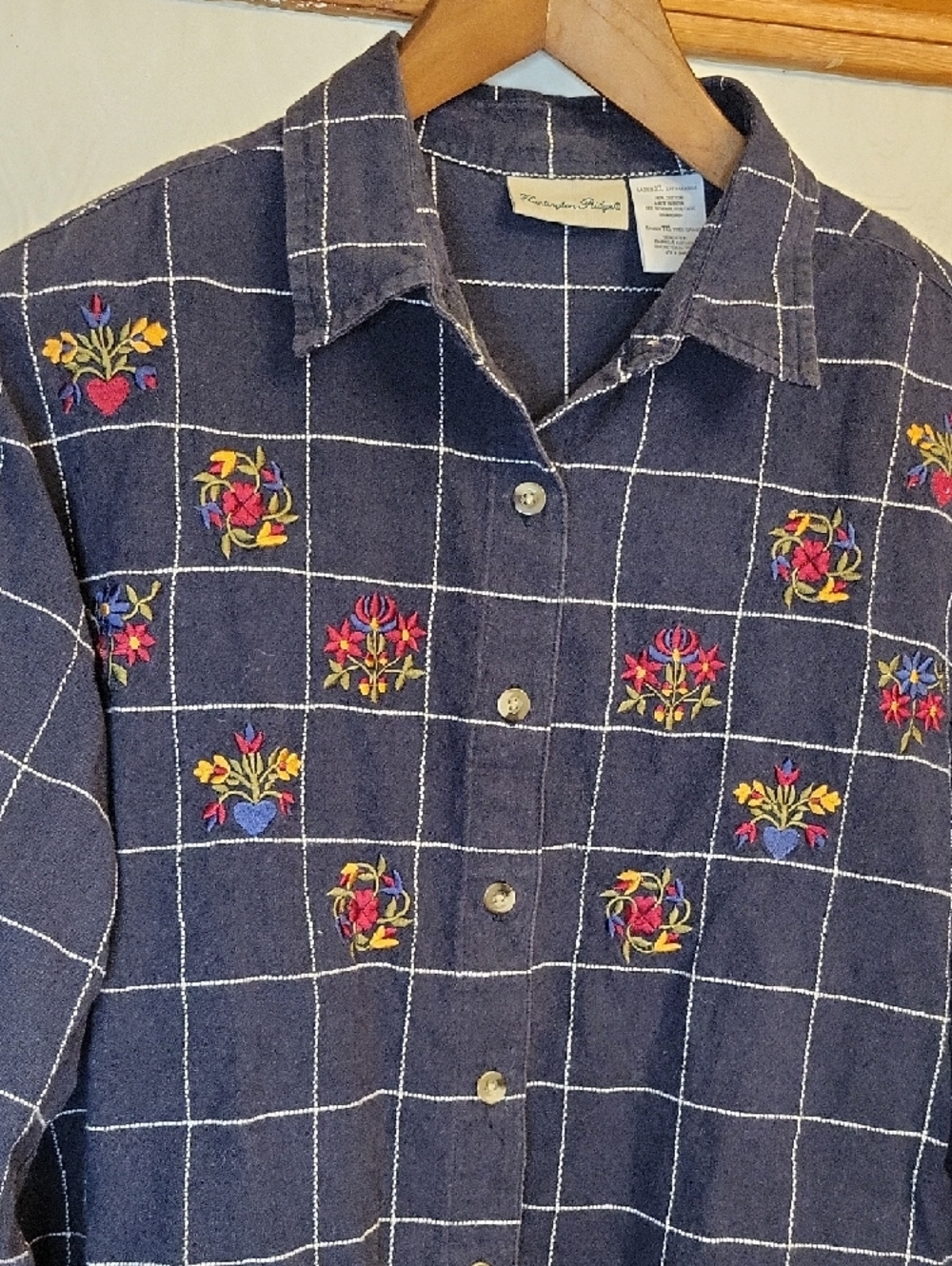 Black Boho Windowpane Button-Down Shirt with Floral Embroidery